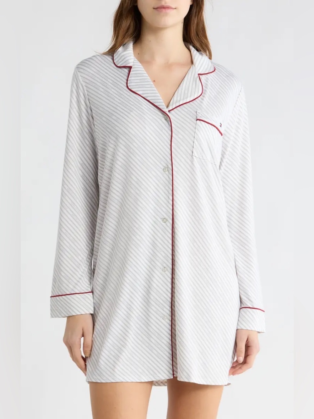 Tommy Hilfiger Long Sleeve Sleepshirt Button Front Stripe Large - Picture 2 of 10